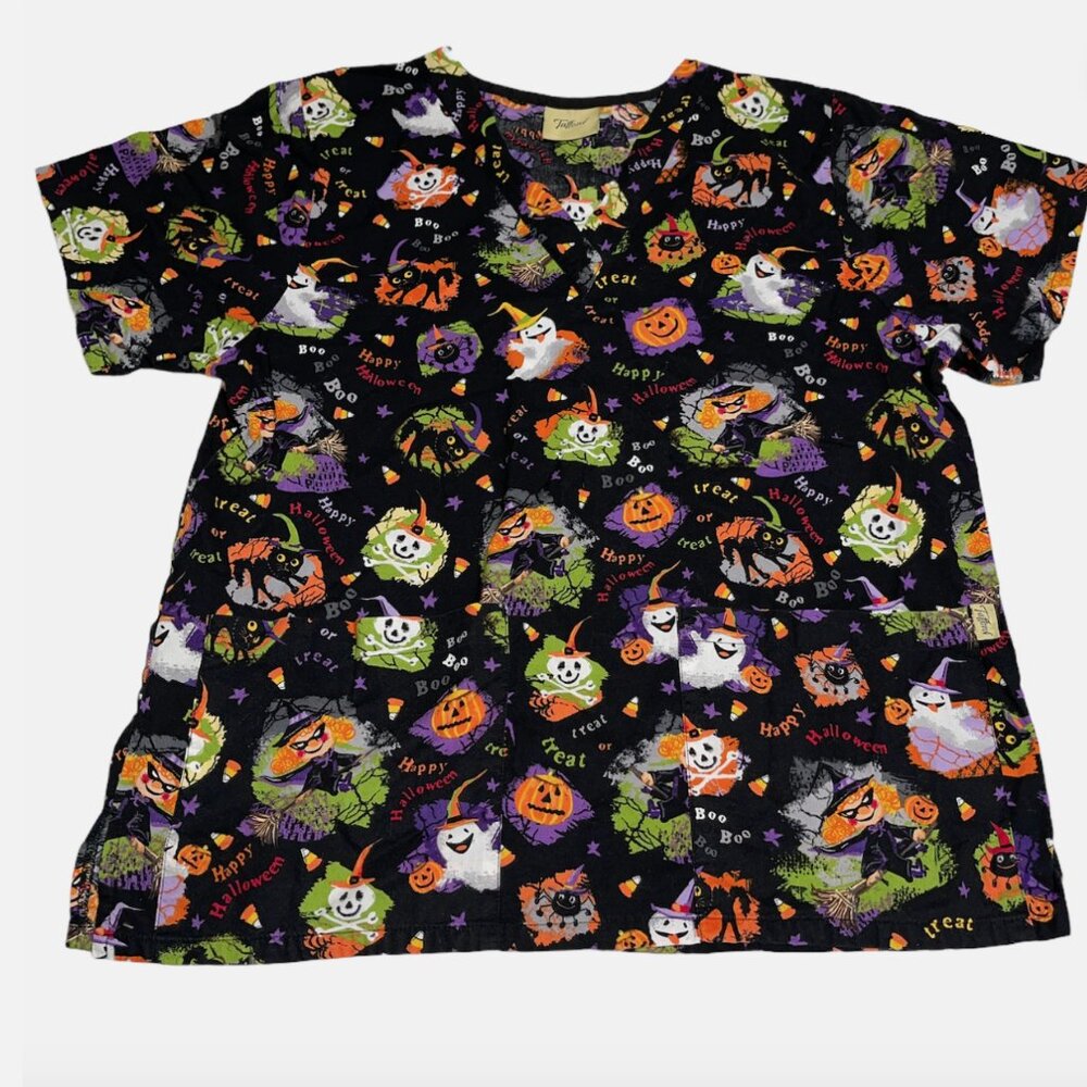 Tafford Black Halloween Witch Spider Ghost Scrub Shirt Women's Medium Nurse Xray